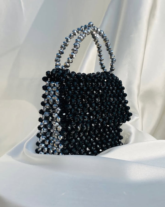 Elegant Black & Silver Crystal Beaded Bag